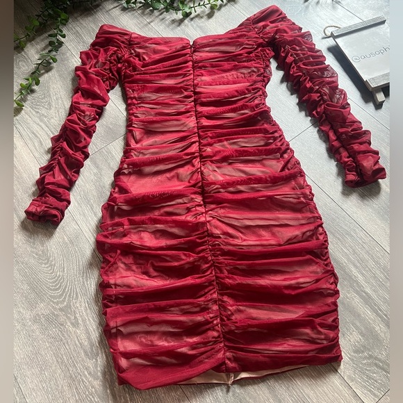 House of CB Fifi Wine Red Stretch Off the Shoulder Ruched Tulle Dress. Size XS - Picture 9 of 15